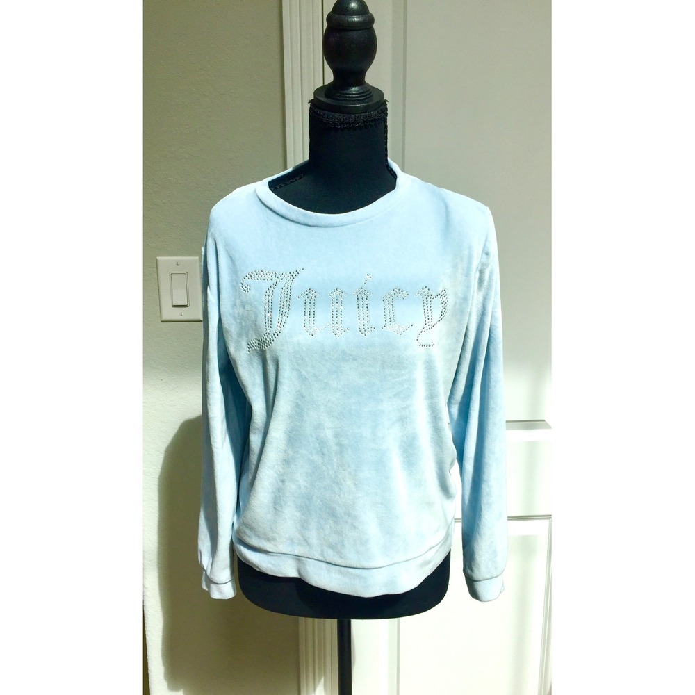 Juicy Couture Y2K Women Light Blue Velour Rhinestone Logo Sleepwear Sweatshirt S